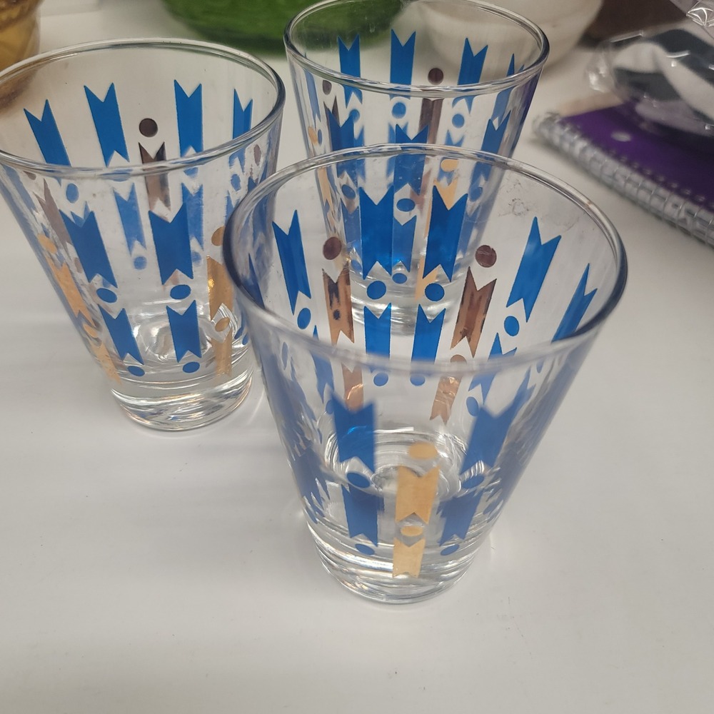 Vintage MCM Atomic Geometric Blue and Gold Juice Glasses Set of 3 Retro Barware